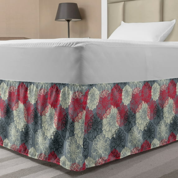Dahlia Flower Bed Skirt, Hand Drawn Repeating Big and Small Flowers Motif with Color Element Effects, Elastic Bedskirt Dust Ruffle Wrap Around for Bedding Decor, 4 Sizes, Multicolor, by Ambesonne