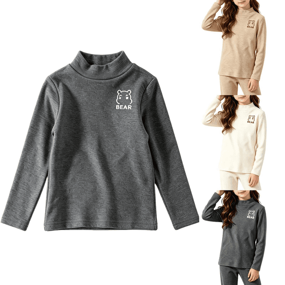 Qingpeng Girls Mock Neck Top Long Sleeve Pullover Shirt with Bear Graphic Print for Layering Wear