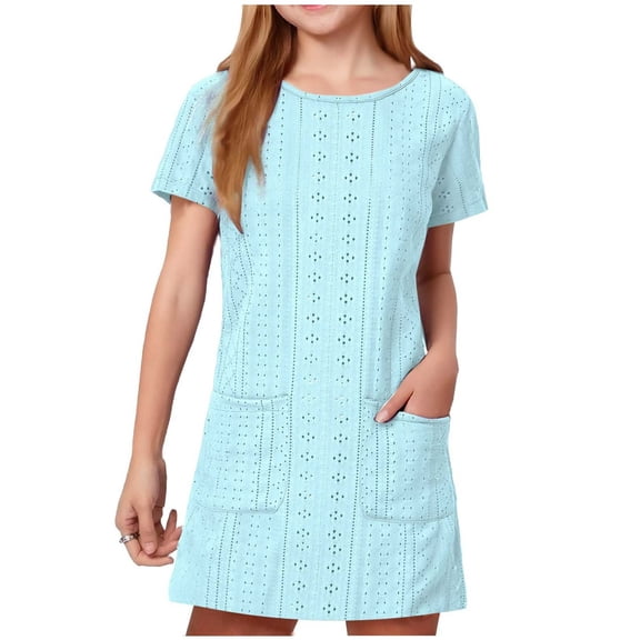 Girls Eyelet A-Line Dress with Pockets Short Sleeve Casual Summer Breathable Knit Dress Light Blue,Size 7-8 T