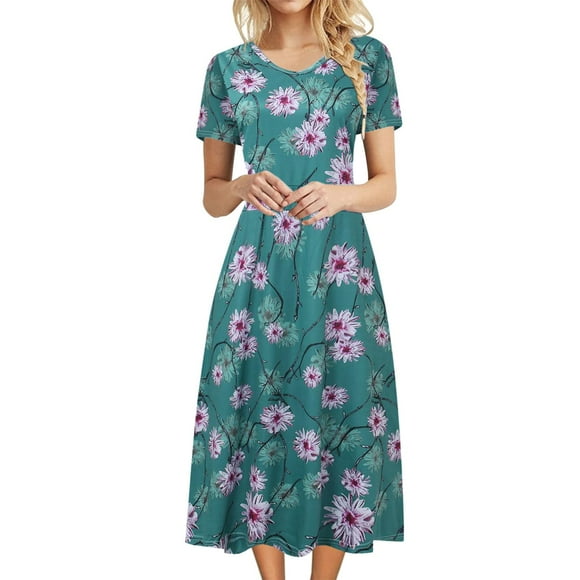 TJAZFJPA Valentines Day Dress Women Comfortable Swing Dress for Women Casual O Neck Short Sleeve Bohemian Floral Print Plain Fit Simple T Shirt Loose Flowy Dress Sweetheart Neckline Dress