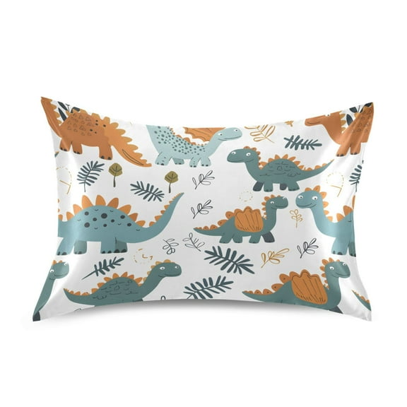 Satin Pillow Case Standard Silk Pillow Cover for Hair and Skin Envelope Closure Cartoon Dinosaurs Leaves 20"x26"