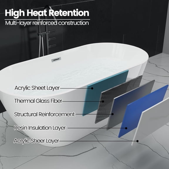 Acrylic Freestanding Soaking Bathtub 67 Inch with Chrome Overflow and Non-Slip Base, Glossy White