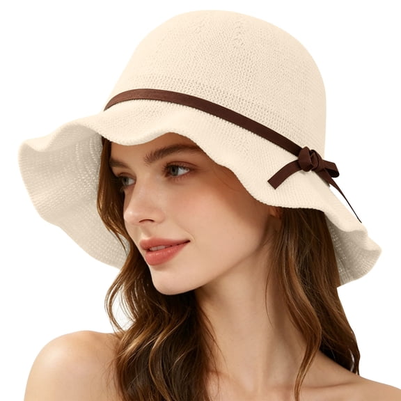 Fewfanhot Women Wide Floppy Brim Sun Hat, UPF Windproof Chin Strap Bucket Hat with Braided Bow Decor for Summer Beach Travel