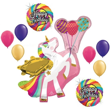UNICORN Rainbow Swirl Magical Fairy Princess Birthday Party 9 Piece Mylar and Latex Balloons Set B