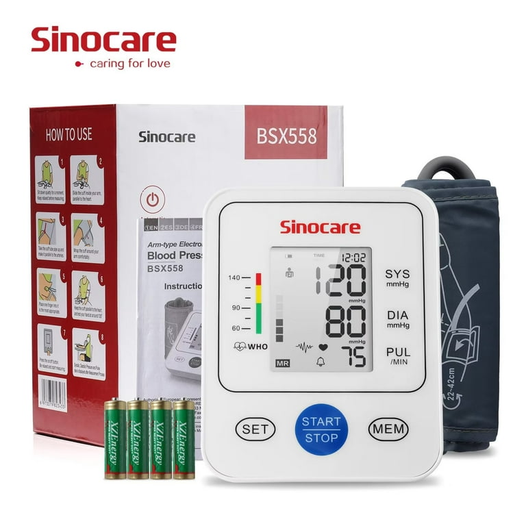 Sinocare Upper Arm Blood Pressure Monitor with Large Adjustable Cuff LED  Display Automatic Digital Blood Pressure Machine Irregular Heartbeat  Detector for Home Use Includes Batteries White 