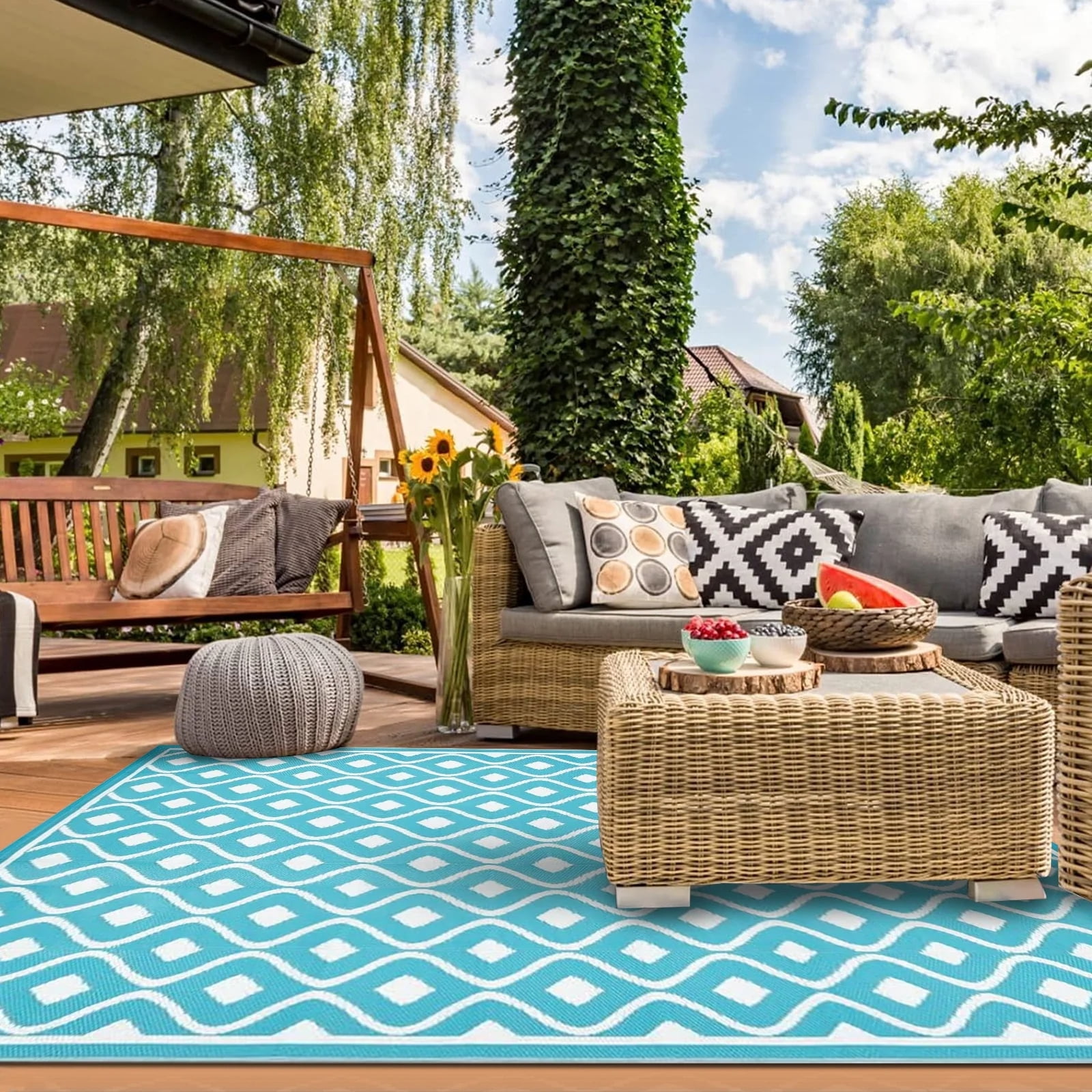Findosom 8'x10' Large Outdoor Rug Waterproof Patio Rug RV Outdoor Mat Reversible Plastic Straw Area Rug Mat Camping Rugs Floor Mat for Outdoors,RV,Patio,Backyard,Deck,Picnic,Beach,Trailer Teal