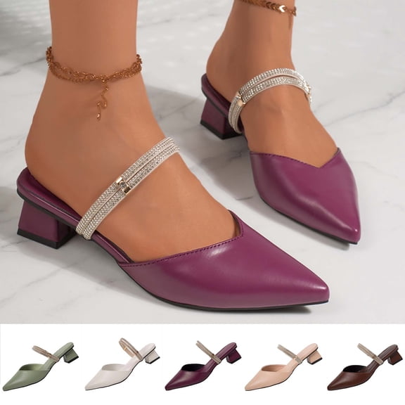 Miluxas Women’s Pointed Toe Block Heel Mules, Rhinestone Strap Slip On Backless Pumps, Elegant Low Heel Dress Sandals for office Wedding Party White 9.5(43)