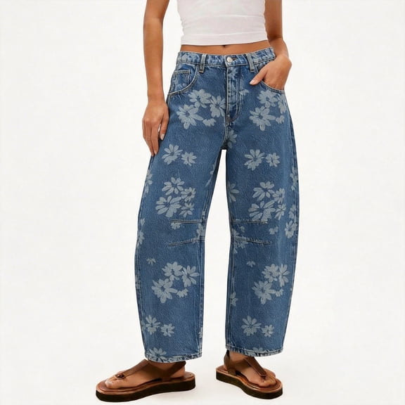 HBYJLZYG Mid Rise Floral Barrel Leg Jeans for Women Relaxed Fit, Blue Denim Boho Pants with Light Floral Pattern, Trendy Casual Streetwear Trousers