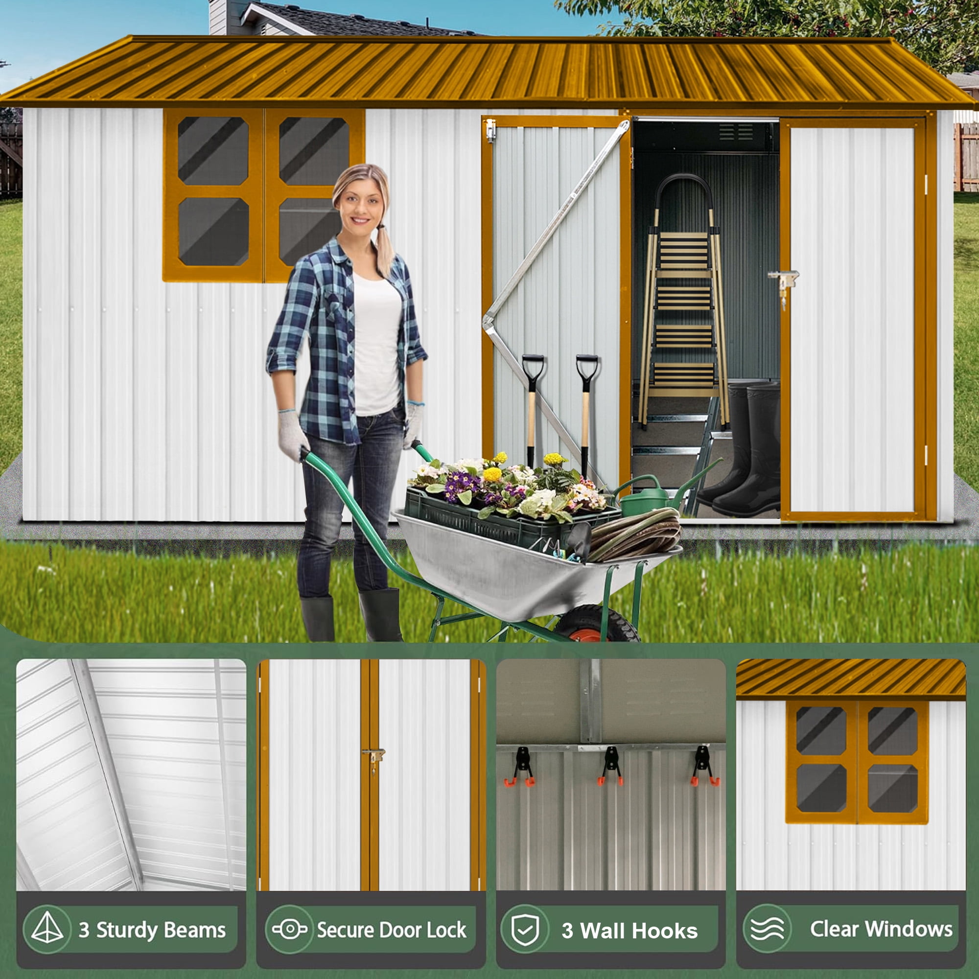 Aukfa 12FT x 10FT Outdoor Storage Shed, Metal Shed Storage with Window, Roof Slope Tool Shed with Door and Padlock for Backyards, Patio Lawns and Outdoor, Yellow