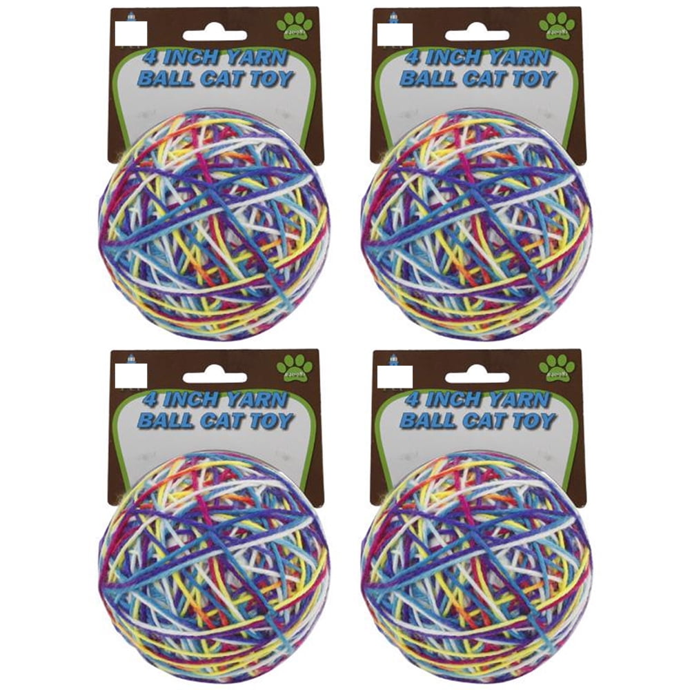 4 Pc Yarn Ball Bells Cat Toys Kitten Puppy Chase Round Play Rattle Colorful 4"