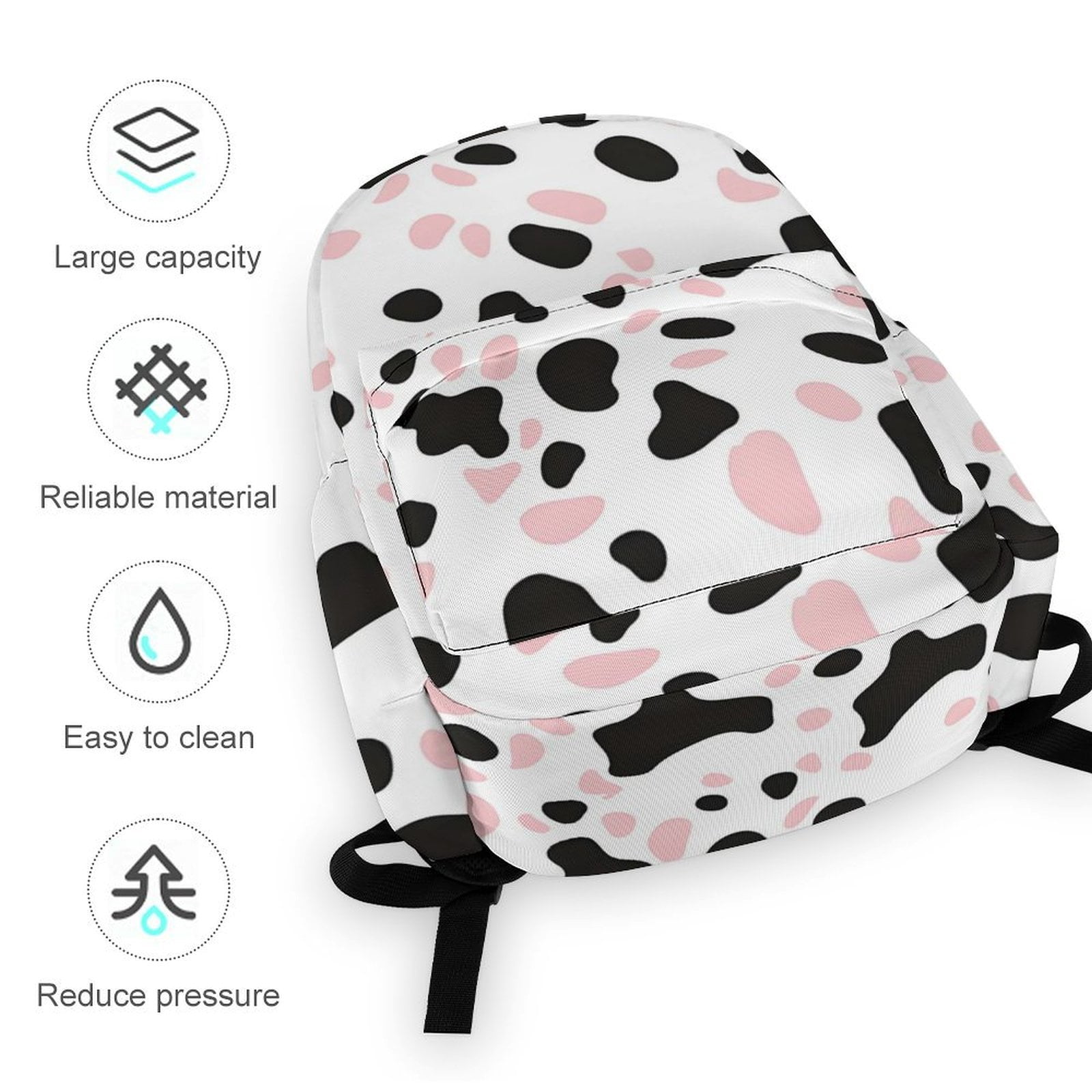 Large Capacity Half Print Backpack 11.8×16.5×5.9in Multifunctional Zipper Design Convenient Switch Simple Cow Print Pattern White Background, Pink And White_1
