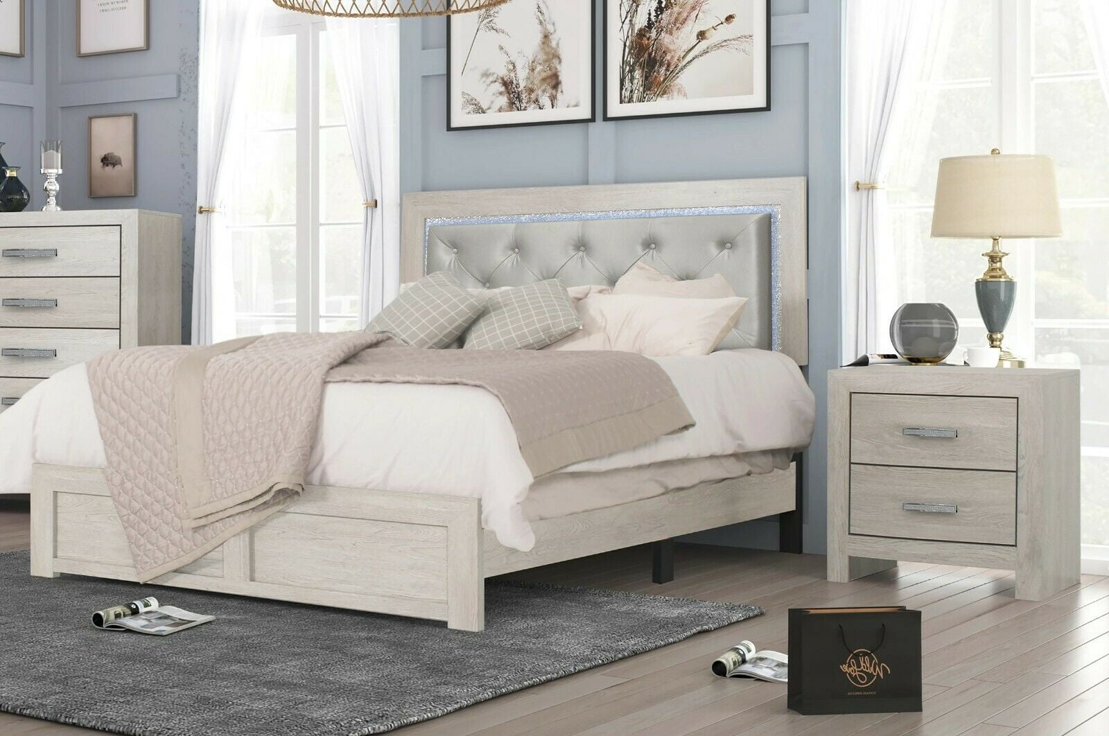 Modern 3pc Queen Size PU Upholstered LED Headboard Bed and Storage ...