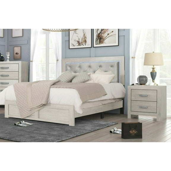 Modern 3pc King Size PU Upholstered LED Headboard Bed 2x Nightstands Set Cream Bedroom Furniture