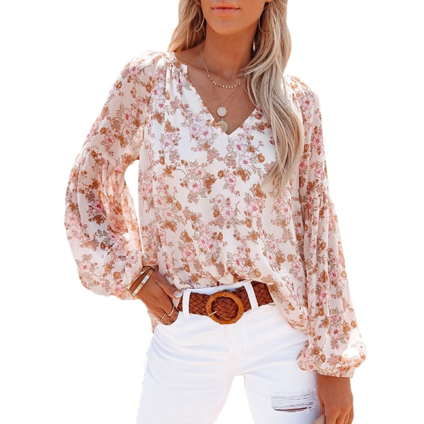 VISgogo, camiseta de gasa de manga larga para mujer, estampado Floral, jerséis casuales elegantes con cuello en V, Tops de oficina, ropa de calle VISgogo moda
