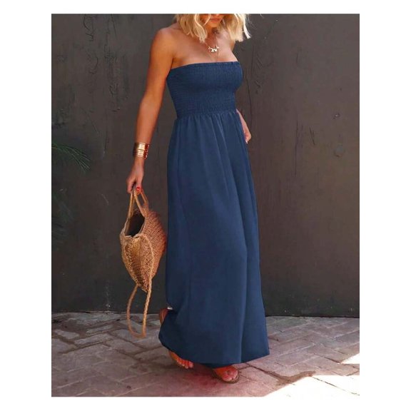 Navy Blue Sleeveless Strapless Smocked Waist Maxi Dress With Pockets For Summer