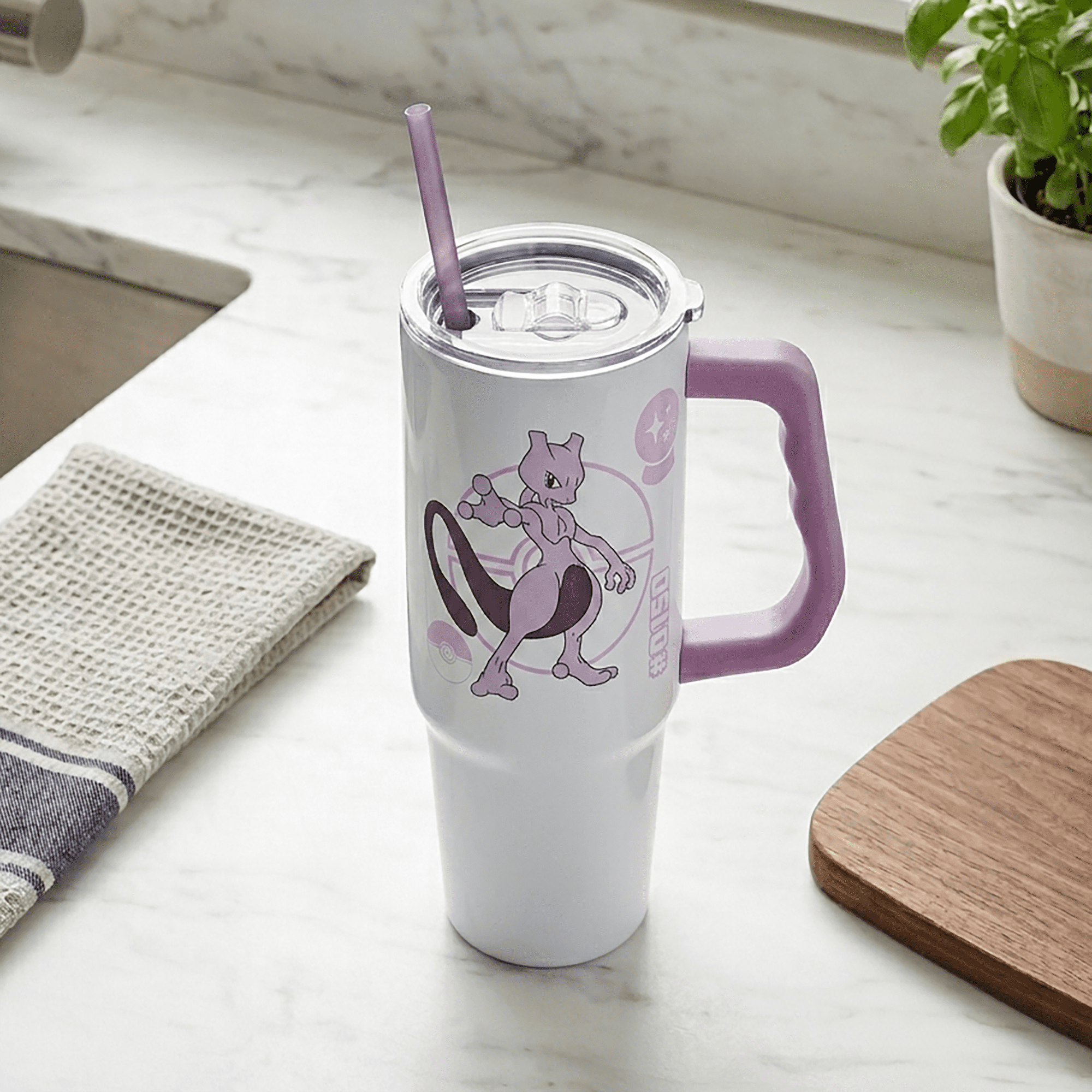 Pokemon Mewtwo & Type 30oz Stainless Steel Tumbler with Handle and Straw
