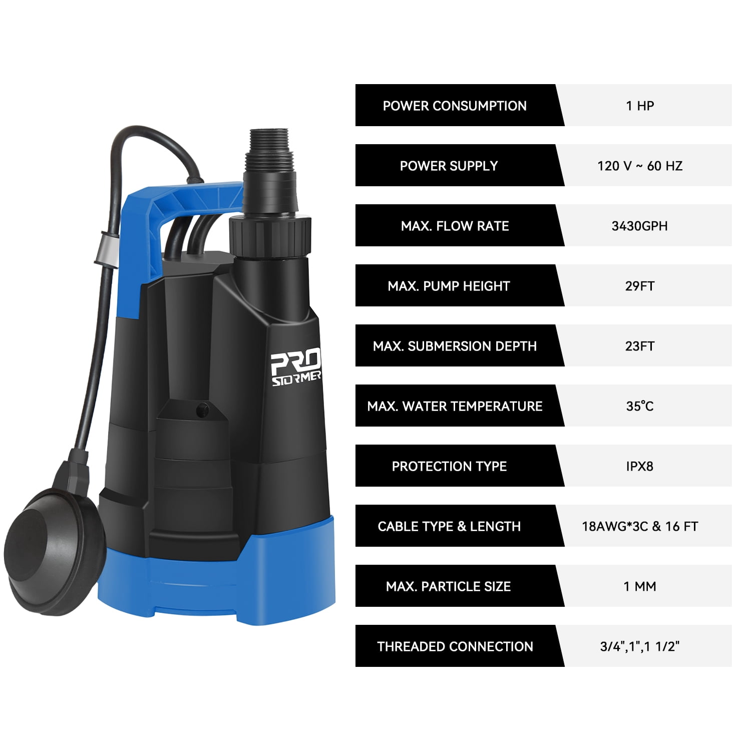 PRO 1HP Water Pump, 3430GPH Submersible Portable Clean Water Pumpe with Automatic Float Switch for Basement Flooding, Draining, Swimming Pool