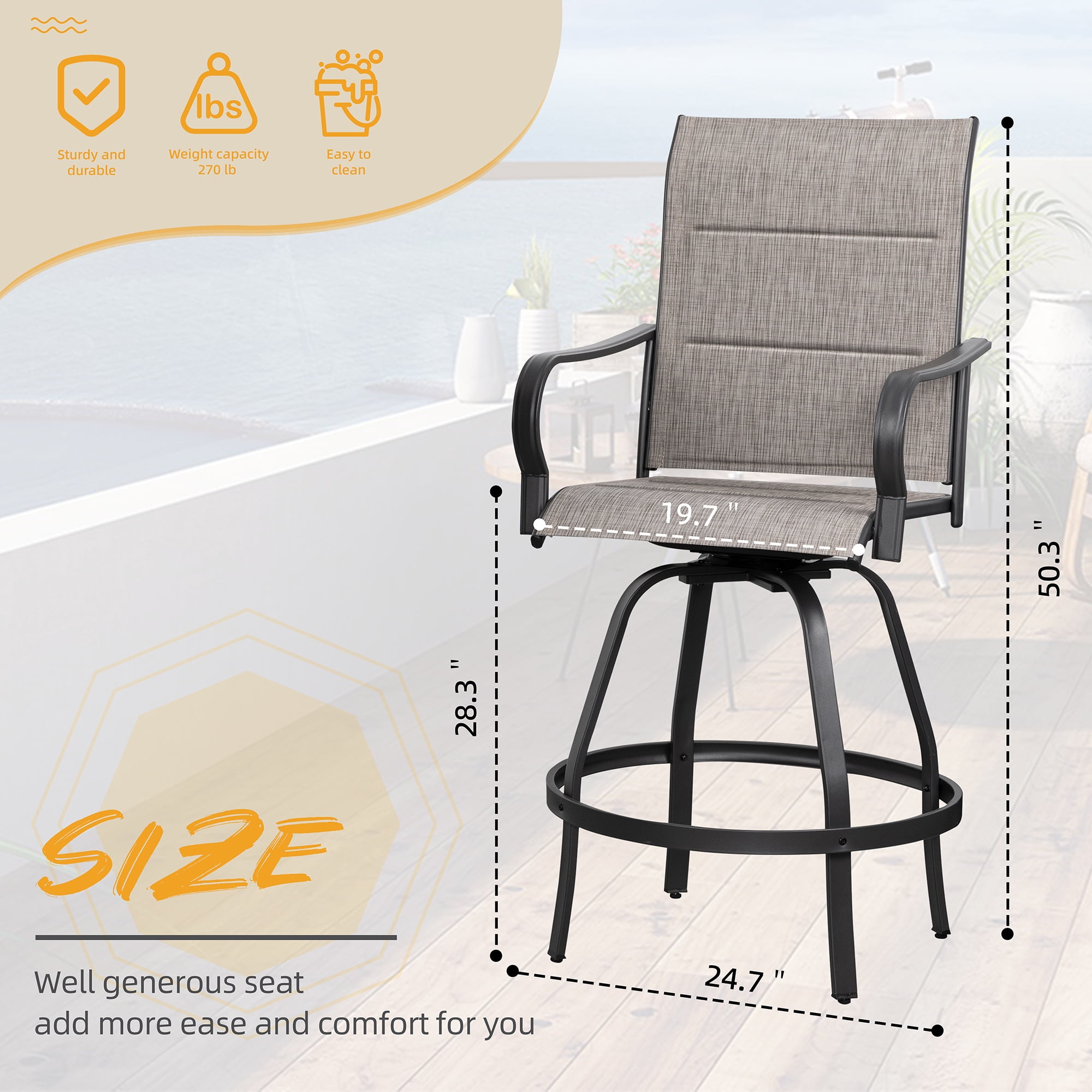 Walsunny 2 Piece Outdoor Swivel Metal Bar Stools Patio Height Textilene Chairs with High Back and Armrest, Gray