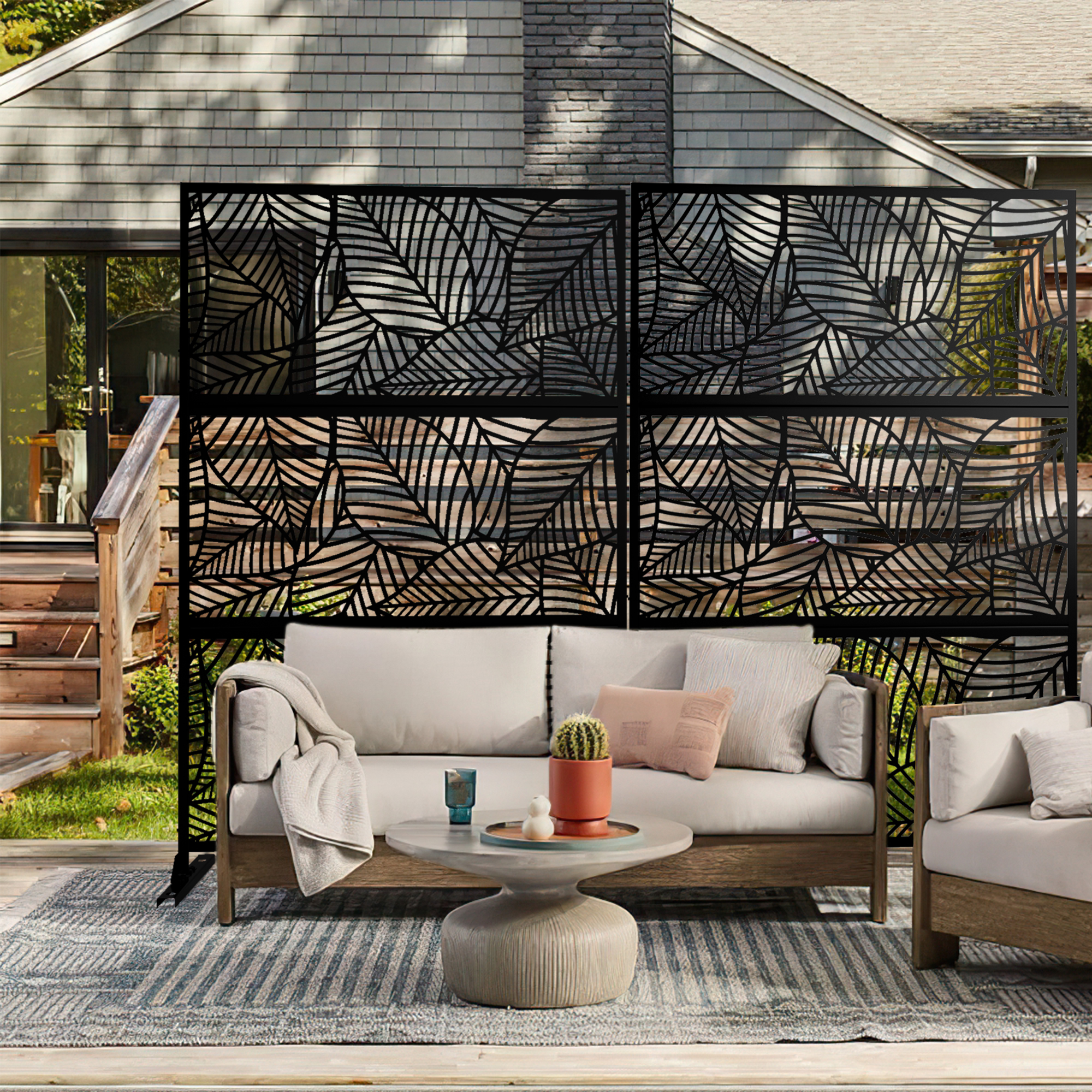 MAYEERTY 72×47" Outdoor Black Metal Privacy Panel Screen for Backyard & Garden, Leaf Pattern