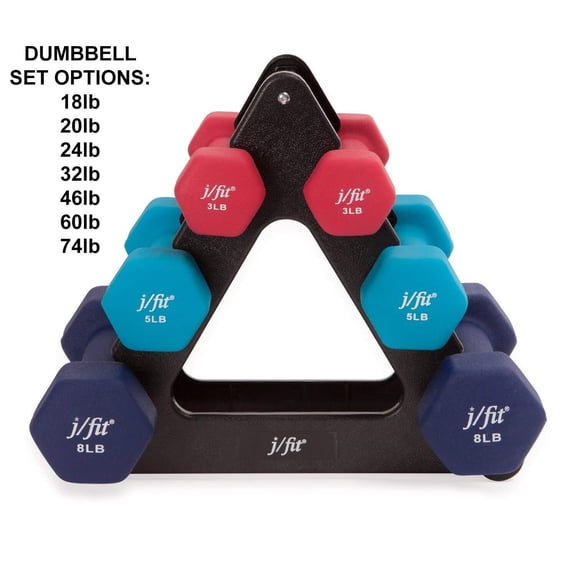 j/fit Double Neoprene Coated Dumbbell Set with Weight Stand, 18-32 lbs