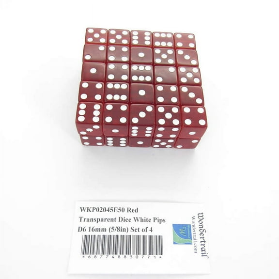 Red Transparent Dice with White Pips Square Corners D6 16mm (5/8in) Set of 50 Wondertrail