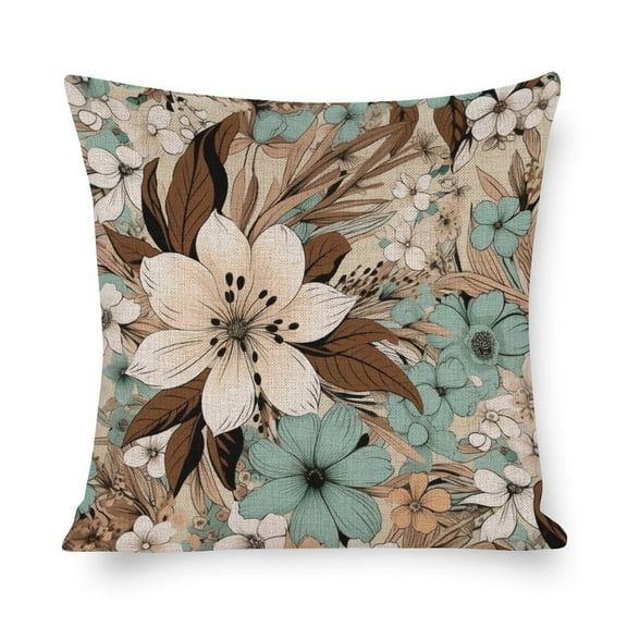 Summer Pillow Covers Brown Cream Grey Teal Floral Pillow Cases 16"x16" Watercolor Flower Rustic Abstract Modern Outdoor Square Pillow Cushion Cases Decorative Couch Pillow Cover for Sofa