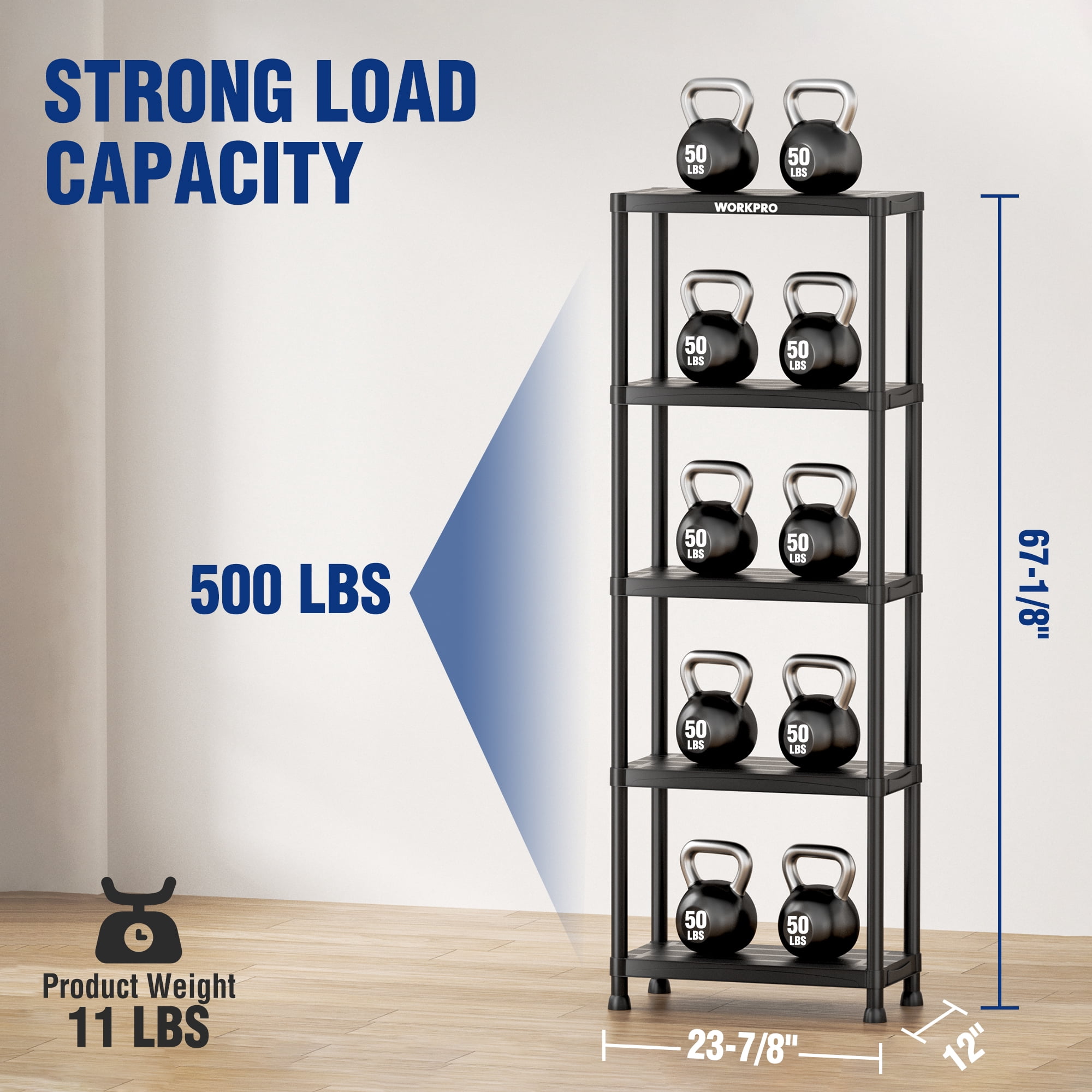 WORKPRO 5-Tier Plastic Storage Shelf, Black Freestanding Utility Organizer for Garage, Laundry Room & Basement