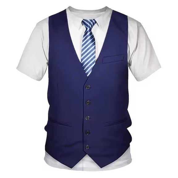 Qicasul Mens 3D Suit Print Short Sleeve T Shirt Casual Summer Top Realistic Blazer Graphic Tee,Blue,SIZE:XXXL