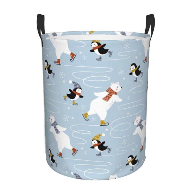 Balery Skiing penguin Bear Cesta de ropa redonda con asas, impermeable, independiente, para ropa, juguetes, dormitorio y familia-Medium