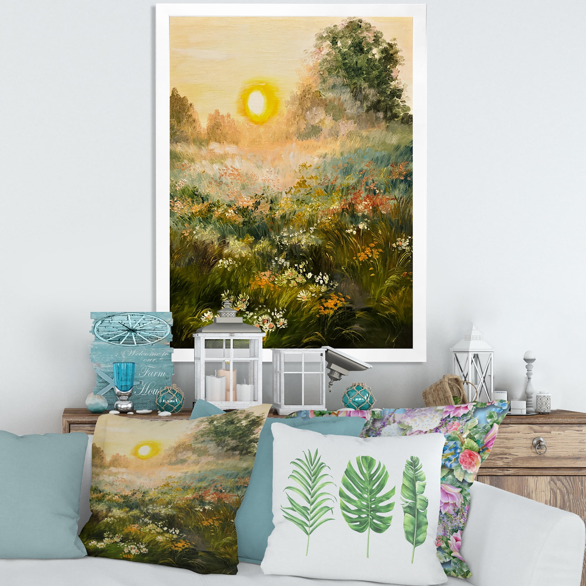 Designart 'The Blossoming Field With Sunrise' Farmhouse Framed Art Print