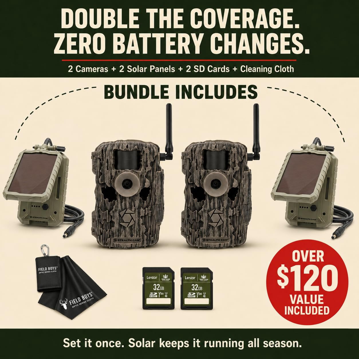 Stealth Cam Fusion MAX 36MP Cellular Trail Camera with Dual SIM AT&T & Verizon, 0.35s Trigger, 1080P Video, App Control, Includes Solar Panel, SD Card, & Cleaning Cloth 2PK