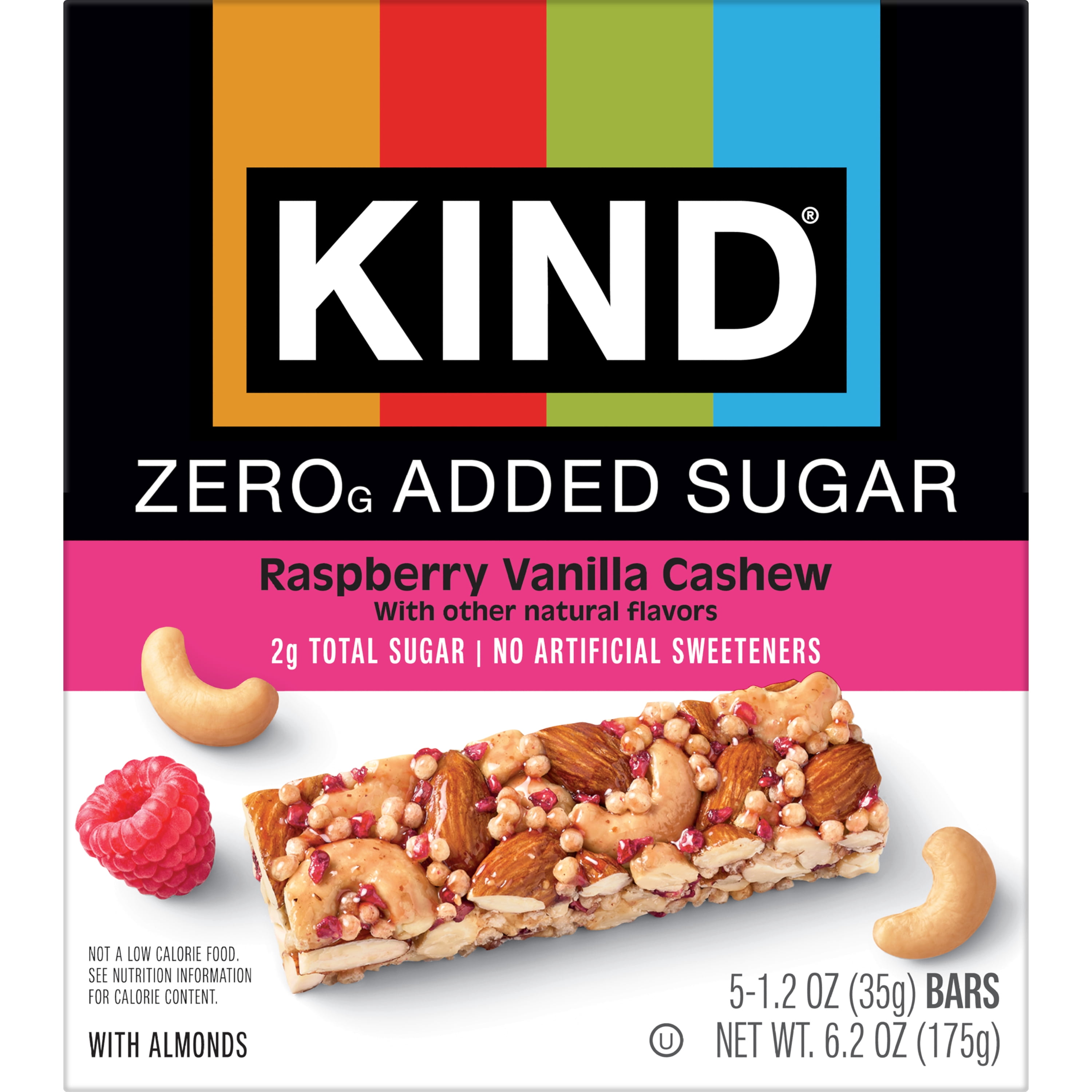 (6 pack) KIND Zero Added Sugar Bars, Raspberry Vanilla Cashew, Gluten Free, High Fiber, 5 Count