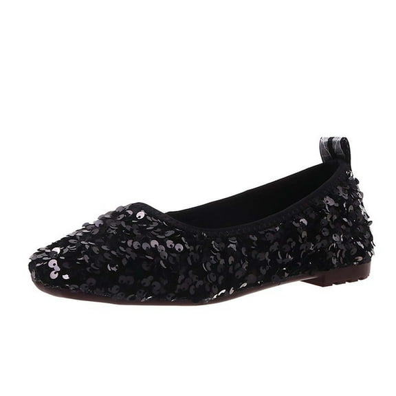 hopeusnice Women's Sequined Flat Ballerina Shoes Slip On Comfortable Low Heel Flats Party Wedding Bridal Shoes Black 36