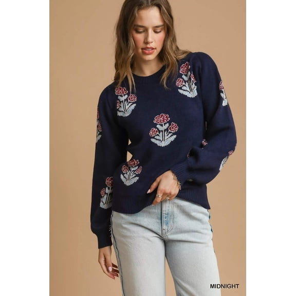 GARDEN NAKED Floral Knit Sweater with Puff Sleeves