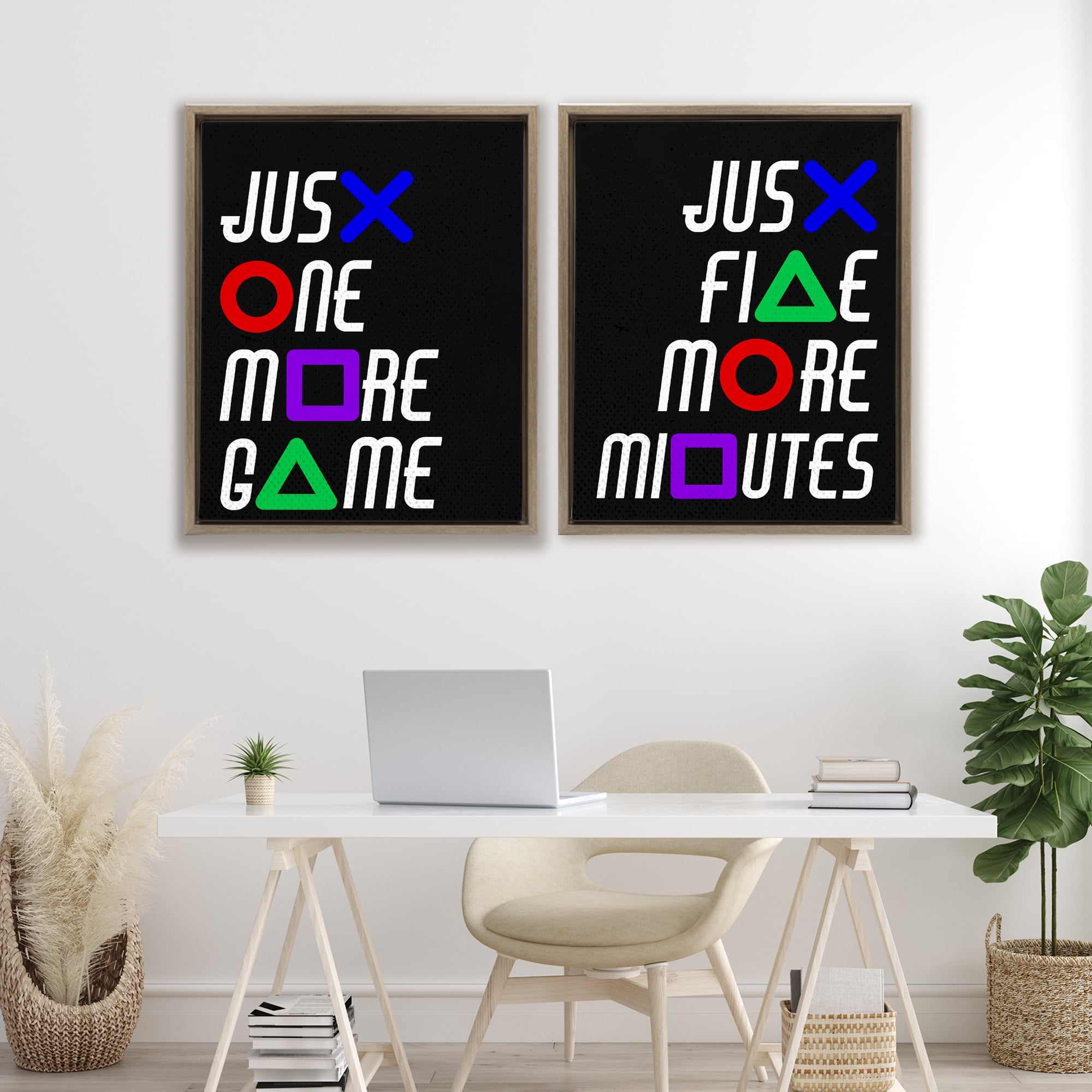 Gamer Button Symbols Phrases 2 Piece Brown Framed Floater Canvas Set, design by Kim Allen