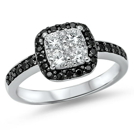 CHOOSE YOUR COLOR Women's White Black Simulated CZ Cluster Wedding Ring .925 Sterling Silver