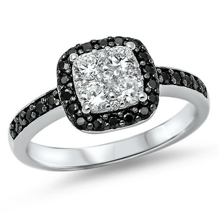 925 Wedding Band Style Ring - CHOOSE YOUR COLOR Women's White Black Simulated CZ Cluster Wedding Ring .925 Sterling Silver Band