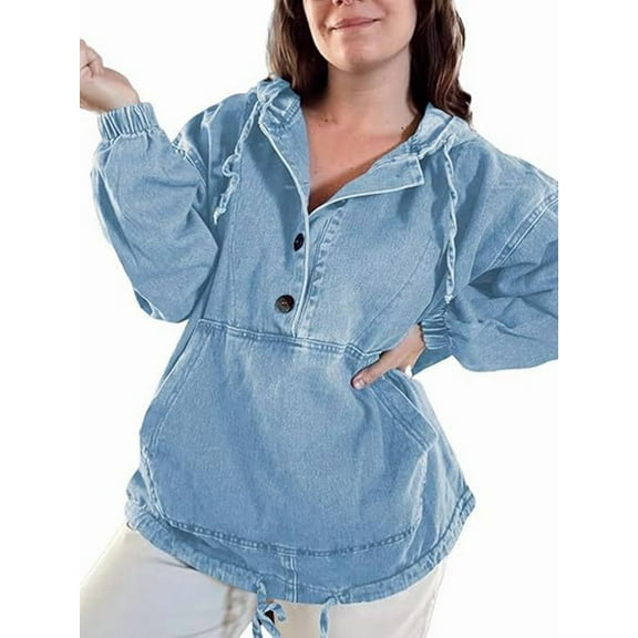 Women'S Denim Hoodie Jacket Button Up Jean Pullover with Drawstring Hood Casual Long Sleeve Sweatshirt Light Blue XXL
