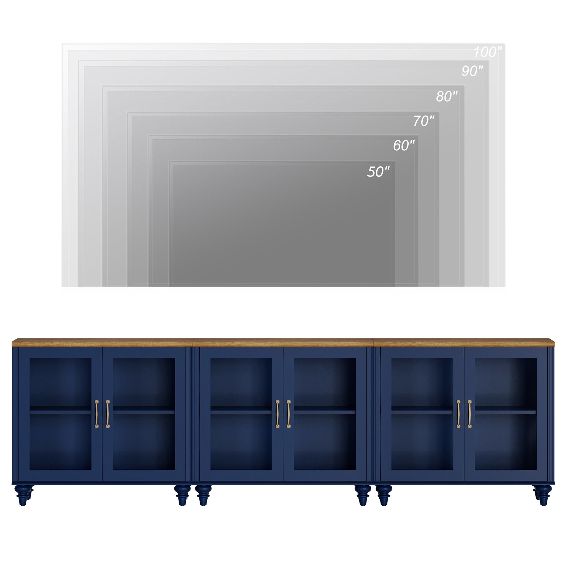Navy Blue TV Stand for 100 Inch TV, Kitchen Buffet Sideboard with 6 Glass Doors for Dining Room