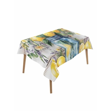 Summer Lemon Table Cloth 52x70 Inch Rectangle Fruit Floral Vase Wood Grain Waterproof Tablecloth Washable Table Cover for Party Picnic Dinner Decor