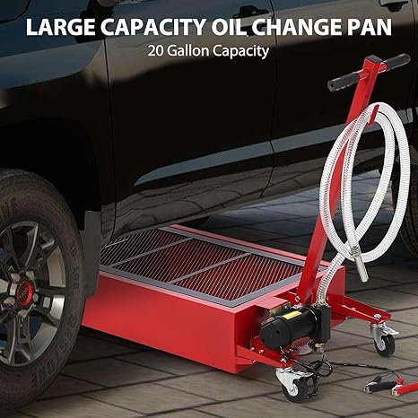 Low Profile Oil Drain Pan, 20 Gallon Oil Drain Pan with Pump, Oil Change Pan with 180W Electric Pump, 8Ft Hose & Folding Handle, Rolling Oil Drain Cart for Trucks, Buses, RVs