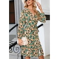 thumbnail image 2 of Abstract Print Deep V Neck Stirred Cuff Long Sleeves Belted Waist Front Slit Dress Green X-Large, 2 of 5