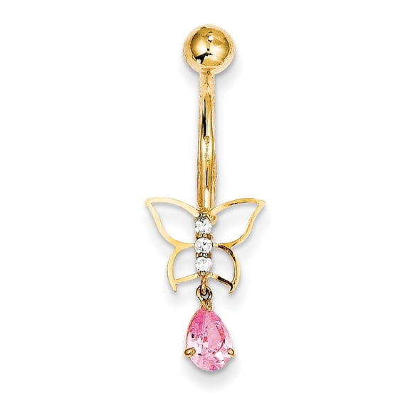Primal Gold 10 Karat Yellow Gold with Dangle Butterfly and Pink Cubic Zirconia Belly Dangle