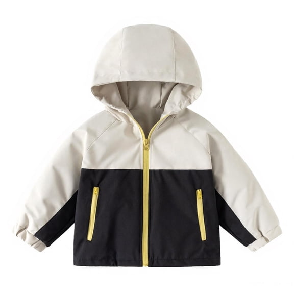 CAIVO Little Boys Spliced Hood Windbreaker Full Zipper Outercoat, Elastic Cuff Zipper Pocket Long Sleeve Lightweight Coats, Fashion Color Block Kids Hood Outerwear For Outdoor Travel Holiday Jackets