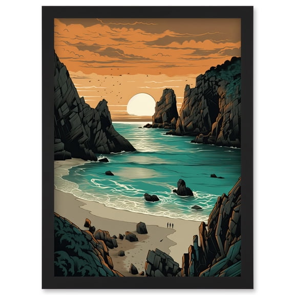 Porthcurno Beach Sunrise Coastal Landscape Artwork Framed Wall Art Print A4
