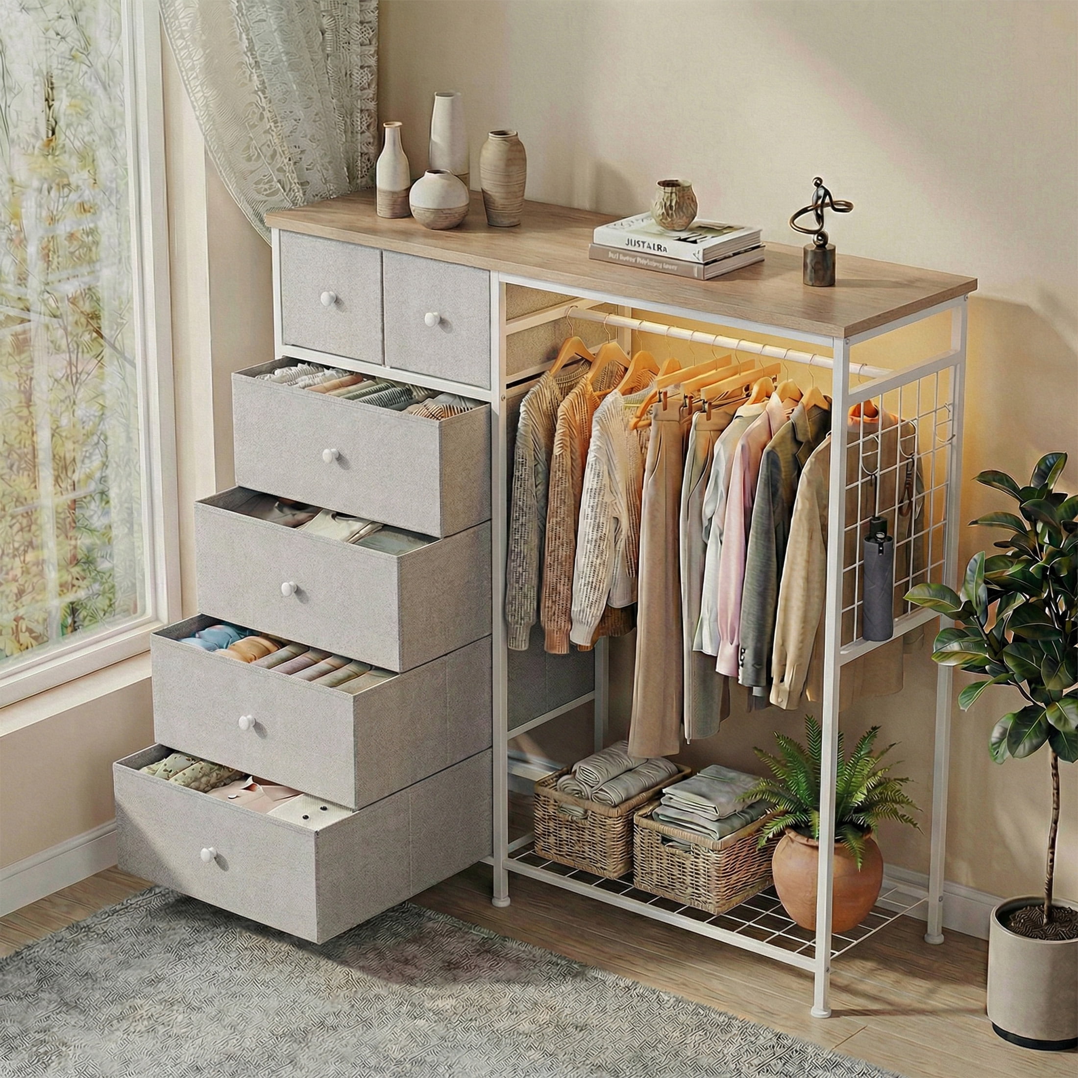 EDX 47.2" H Dresser for Bedroom with Hanging Rack, 6 Drawers Dresser with LED Lights & Charging Station, Fabric Dressers & Chest of Drawers with Rack, Wooden Top, Grid Panel,LightGray