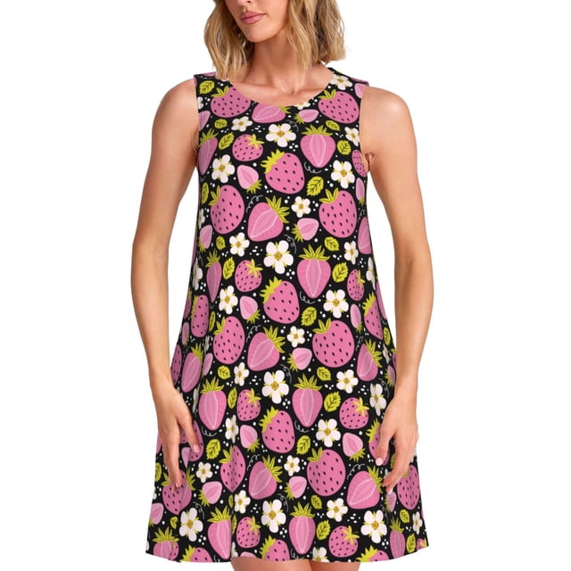 Balery Strawberry Vestidos de verano para mujer con estampado: vestido holgado sin mangas, vestido playero informal y cómodo para días calurosos.