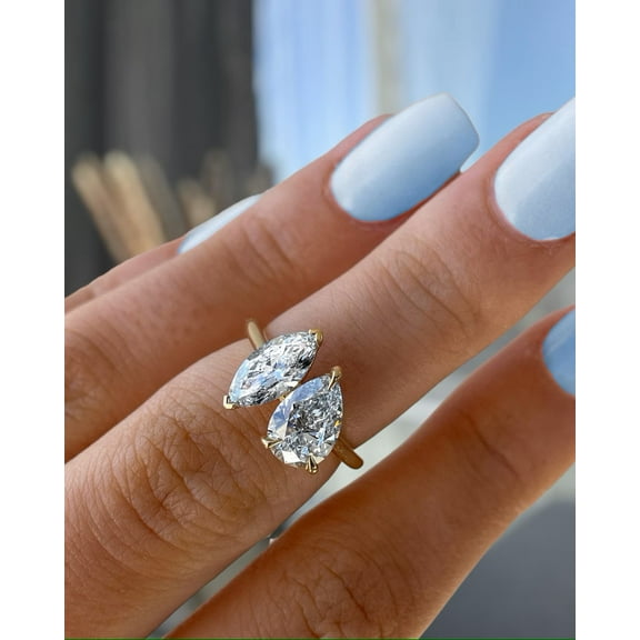 Toi et Moi Pear & Marquise Cut White Lab-Grown Moissanite Diamond Engagement Ring 4.00 Carat, Gold Plated Size- (5 - 13) Available