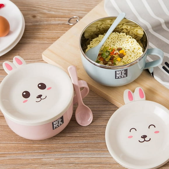 Cuenco de fideos instantáneos de conejo anti-escaldado de doble capa de acero inoxidable Lindo conejo con tapa y cuchara Juego de cuencos de fideos instantáneos