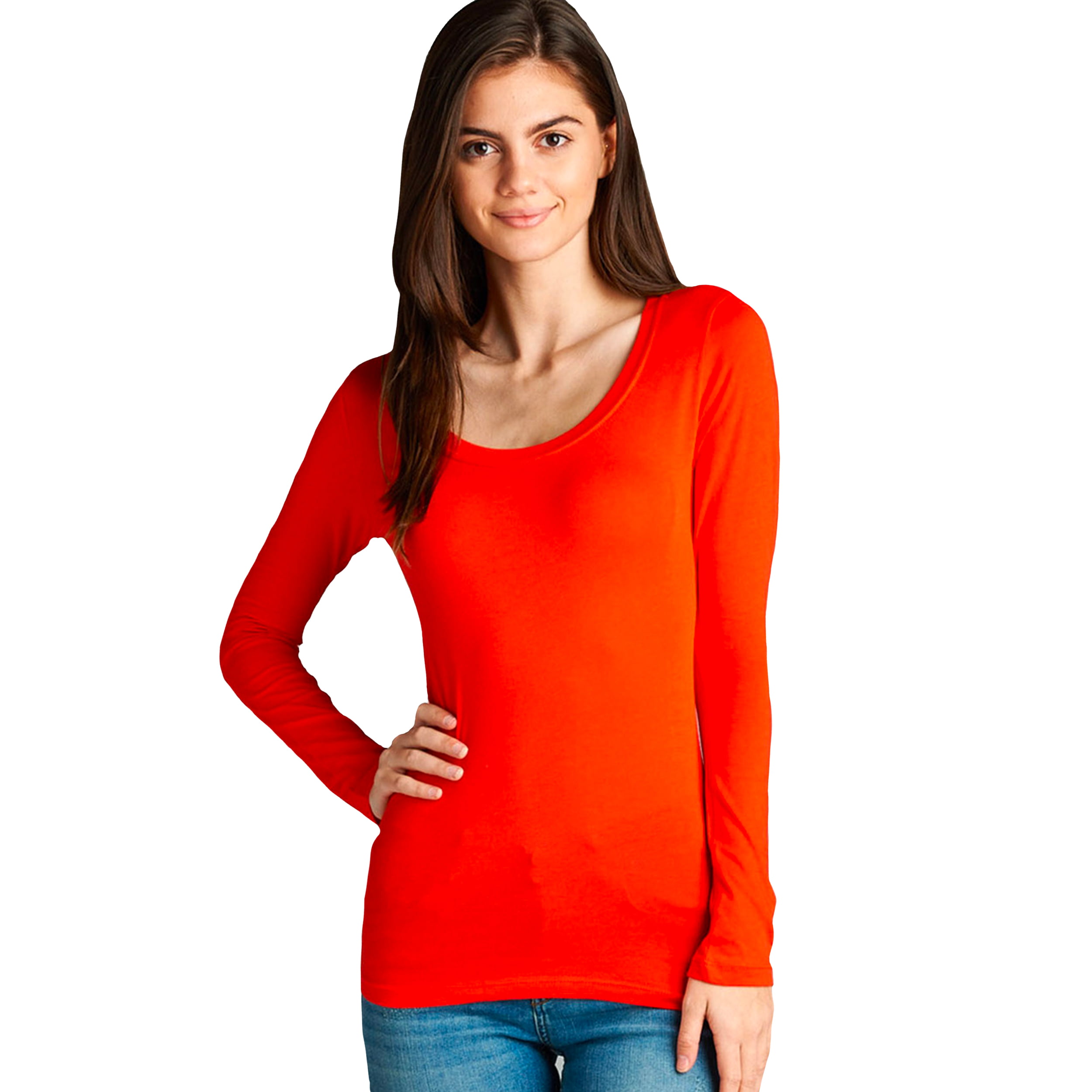 Women's Long Sleeve Scoop Neck Fitted Cotton Top Basic T Shirts-Plus ...